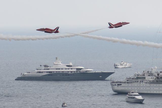 — — - Red Arrows at Monaco Boat Show Sept 2013. Canon 5D Mk3 24-70mm 2.8 lens - would have been better with 70-200 but there it is. Crop from centre of frame - usual spectacular show all 9 aircraft but visibility not ideal for photography - overcast no sun or blue skies. Hope you enjoy image . . .