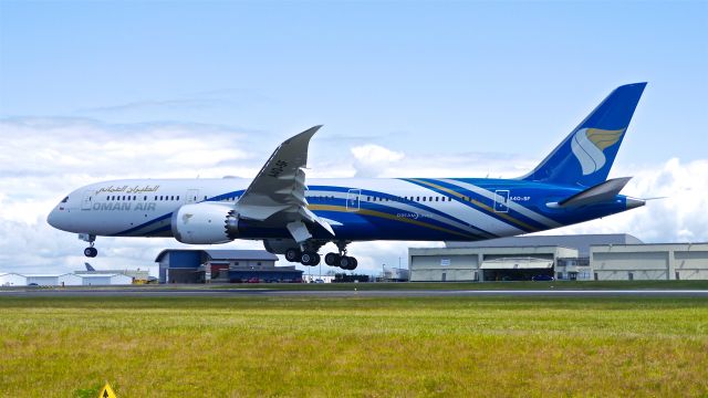 Boeing 787-9 Dreamliner (A4O-SF) - BOE775 on short final to Rwy 34L to complete a ferry flight from PDX on 6.15.18. (ln 712 / cn 39294). The aircraft was returning to PAE after painting.