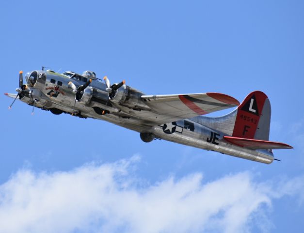 Boeing B-17 Flying Fortress (N3701G) - B-17 Madras Maiden taking off at the SLC International Airport. Photo taken from the south end of the runway just to the east of the aircrafts position. 