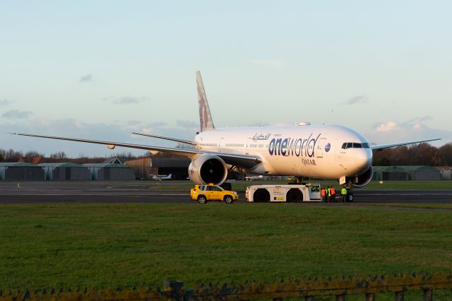 BOEING 777-300 (A7-BAF) - Qatar 777 blocking EBOS runway 08/26 after misjudging turning pad. br /After 45minutes and help of the pushback tug the aircraft was able to taxi to their parking position