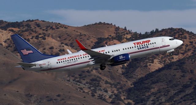 Boeing 737-800 (N917XA) - Republican Vice Presidential candidate J.D. Vance is aboard "Trump Force Two" (N917XA) as it climbs away from Runway 17L after Vance's second campaign rally visit to Reno.br /br /N917XA is chartered from Eastern Air Express (BBQ).  In its 22 year history, this aircraft previously flew for Air Berlin, Orenair, Xtra Airways, Swift Air, Smartwings, and iAero Airways before being acquired by BBQ.