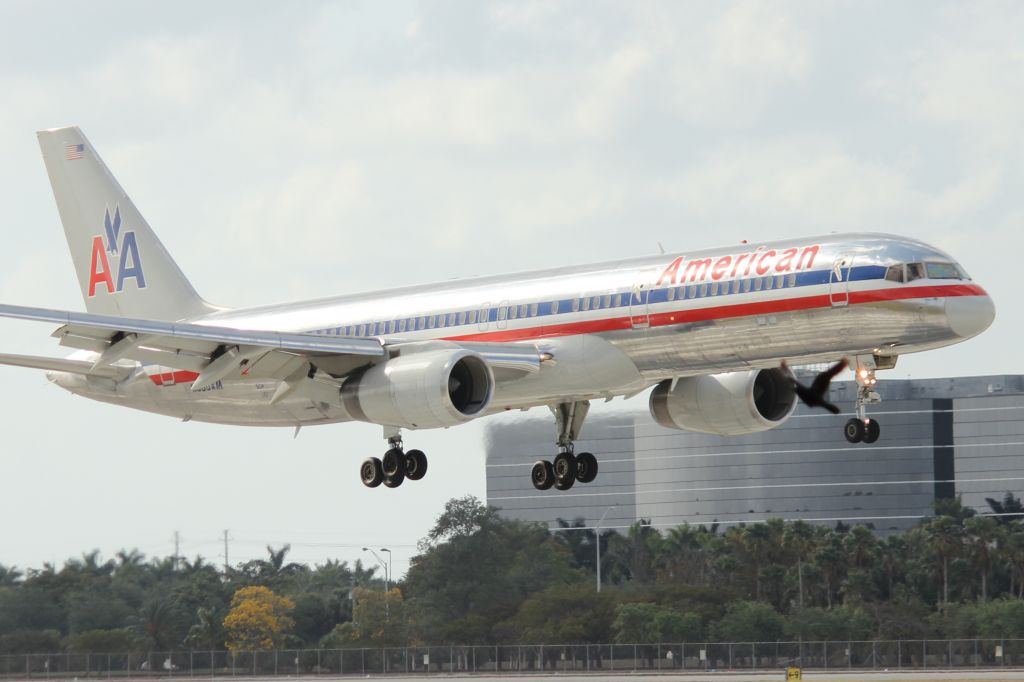 Boeing 757-200 (N660AM) - American flight 936 from Gregorio Luperon Intl on final for RWY 9. Taken from just east of El   Dorado Furniture. 3/31/13 (There also happens to be a bird in the picture, in front of where the engine is... The bird was far from the aircraft though)