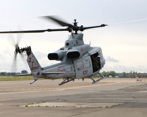 16-9242 — - KRDD  Ship 577 (169242-UH-1Y) with the Commanding Officer S. Deputy of HMLAT-303 at the controls for a perfect take off from Redding, CA. This flight of 4 HMLAT-303 helicopters was enroute Camp Pendleton to the Eugene Oregon area when they diverted to RDD/KRDD Redding, CA Municipal Airport due to bad weather on April 7th. 2017. The pre-flighting was done Saturday 4/8/2017 with 3 of the 4 departing as 1 of the AH-1Z "Vipers" would not start due to a bad battery. When Commander S. Deputy throttled up to lift, the exhaust blast was well felt" Sir as his Crew Chief watches to see how far back I was pushed by the exhaust as they rotated out! Thank you for a great unscheduled Airshow in Redding!