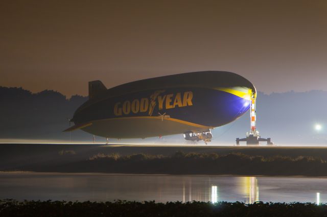 Unknown/Generic Airship (N1A) - The Florida based Wingfoot One is seen on a foggy night at Wingfoot Lake. The airship came to Goodyears Akron, Ohio base to escape Hurricane Irma.