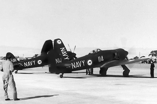 Experimental 100kts-200kts (N114) - Hawker Sea Furies FB.11 114 WH588 and 115 WH589 RAAF East Sale (YMES)1962.