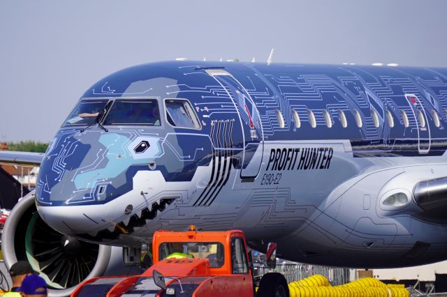 Embraer E190-E2 (2-RLET) - Embraer E190-E2 demonstrator "Tech Shark" being pushed back into static display after flying at Farnborough International Airshow 2022 (19th July 2022).