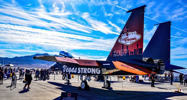 McDonnell Douglas F-15 Eagle (76-0057) - 76-0057  McDonnell Douglas F-15C Eagle MSN: 242/A209 757th Aircraft Maintenance Squadron - Vegas Strong livery painted on the port side... br /br /Aviation Nation 2017br / br /Las Vegas - Nellis AFB (LSV / KLSV)br /USA - Nevada, November 11, 2017br /Photo: TDelCoro