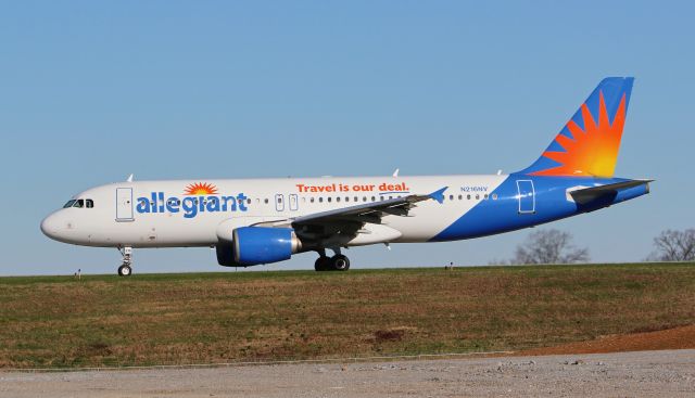 Airbus A320 (N216NV) - Allegiant 1703 KLEX-KFLL taxis down Taxiway Alpha towards the end of runway 04 for departure.