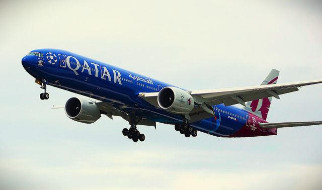 BOEING 777-300ER (A7-BED) - DOH  FT14:29  "UEFA  Champions League Livery" 6-26-2025