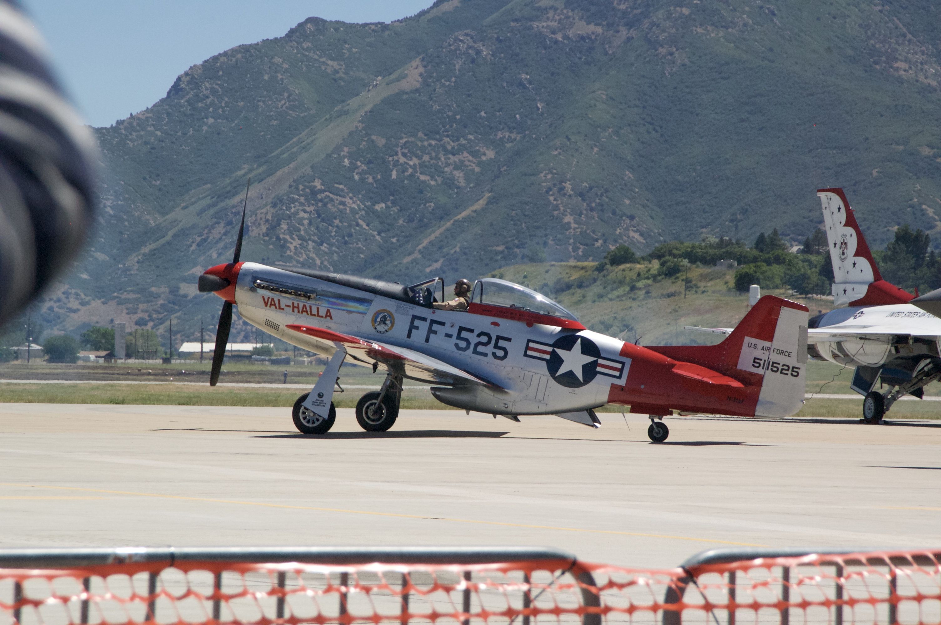 North American P-51 Mustang (N151AF) - Val-Halla taxiing back in after the Legacy flight at the Warriors of the Wasatch 2016 air show. 