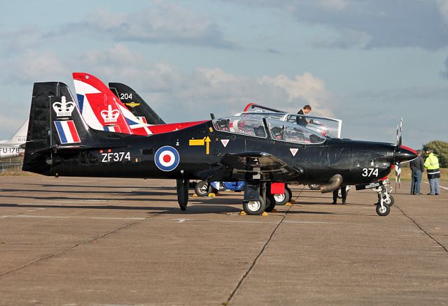 Embraer A-27 Tucano (ZZ374) - Three RAF trainer aircraft at the Duxford Imperial War Museum Autumn Air Show on 12 Oct 2012. Shown here are ZF374, a Shorts EMB S-312 Tucano T1, XX278, XX204, both British Aerospace Hawk T.Mk 1’s.