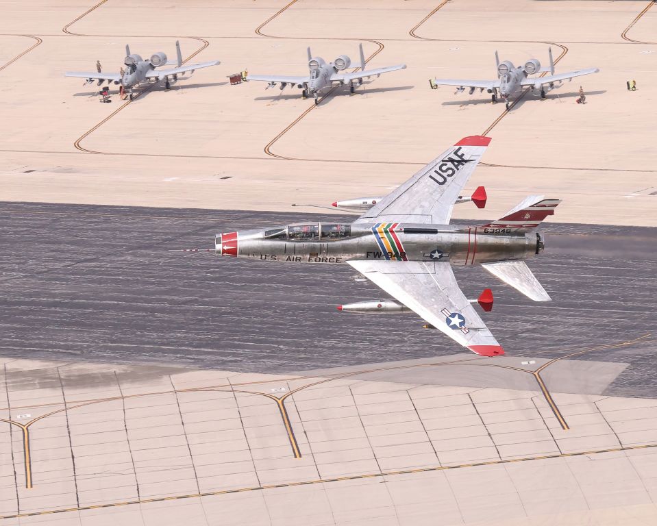 North American Super Sabre (N2011V) - Fly by runway 32 taken from a helicopter