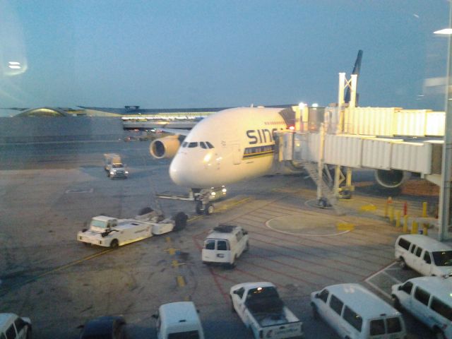 Airbus A380-800 — - Preparing us for departure to Frankfurt from JFK. I could not wait to board.