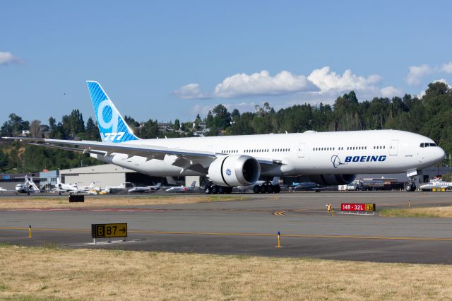 Boeing 777-200 (N779XY) - Boeing's newest 777-9 rolling down Runway 14R at Boeing Field (BFI) after her first flight.