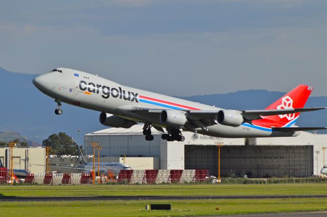 BOEING 747-8 (LX-VCC) - Boeing B747-8R7(F) of Cargolux MSN 35807 and 10 years old, airborne off runway 05R in Mexico City Airport (Photo Jul 21th 2018).