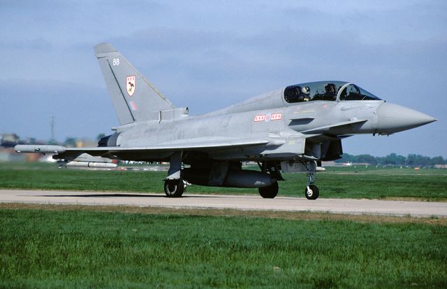 ZJ802 — - RAF, no 29 sqn, Typhoon T.2 taxies out for a mission at RAF Coningsby, Lincolnshire, UK