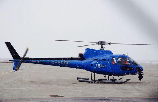 Eurocopter AS-350 AStar (C-FCCI) - This aircraft owned Heli Express of Quebec City dropped in on the ramp of Irving Aviation during a snow squall to refuel.  There is a front mounted  camera used for aerial photography.  It departed Gander Airport for St. Johns, NL.