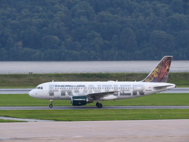 Airbus A319 (N934FR) - Taken from the aiport parking garage in Harrisburg. Taxiing to gate B4