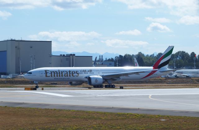 BOEING 777-300 (A6-EPB) - An Emirates Boeing 777-300ER about to depart from Everett Paine Field Airport (KPAE) on August 9, 2015.