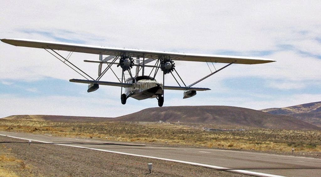 Sikorsky S-38 Replica (N28V) - N28V, a replica of "Osa's Ark," a black and white Tiger striped 1929 Sikorsky S-38B Flying Yacht, is just off Tiger Field's runway 33 (in Fernley, NV) and back in the air to complete the last 35 miles of an Elko-to-Reno trip (KEKO-KRNO) in this photo taken 14 years ago in 2006.