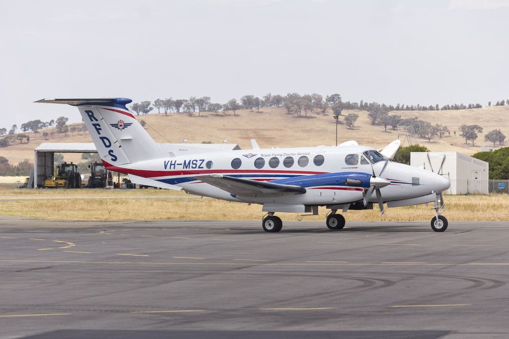 Beechcraft Super King Air 200 (VH-MSZ) - Royal Flying Doctor Service (VH-MSZ) Beechcraft Super King Air B200C taxiing at Wagga Wagga Airport.