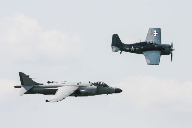 — — - FM-2 Wildcat (Greg Shelton) with Sea Harrier XZ439 (Art Nalls) USMC Heritage Flight at The Greatest Show on Turf, Geneseo, 11 July 2015