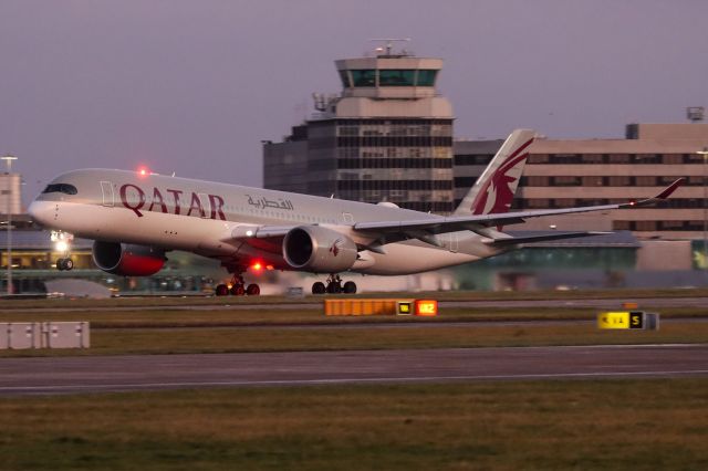 Airbus A350-900 (A7-ALV) - QTR22 rotates on the return to Doha at sunrise.  The 3 daily flights MAN-DOH have a mix of B789, B77W, A359 and A35K.  