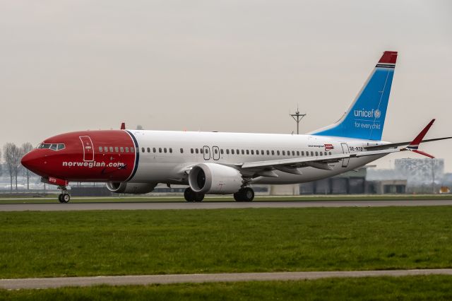 Boeing 737 MAX 8 (SE-RTD) - 10th of March, 2024: 'Spottersplek Polderbaan' parking lot view of Norwegian boeing 737-800 Max - wearing UNICEF colors - accelerating to V1 on runway 36L at Schiphol Airport. 