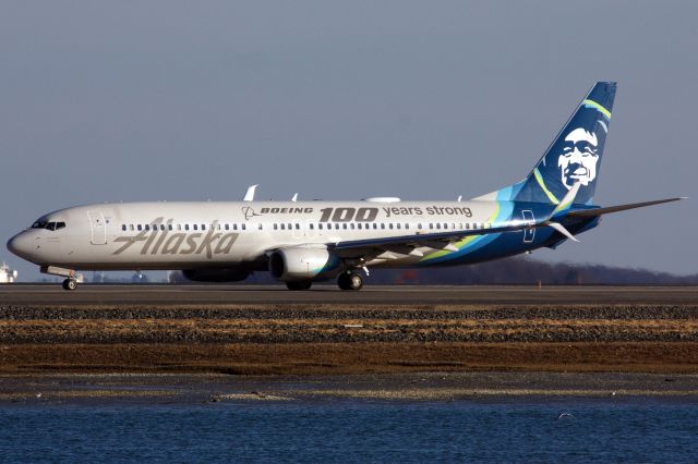 Boeing 737-900 (N248AK) - Alaska B739 in special 'Boeing 100 Years Strong' livery departing BOS on 3/14/22.