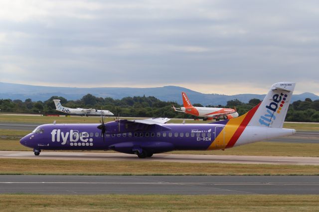 ATR ATR-72 (EI-REM) - FlyBe (BE) EI-REM ATR-72-212A [cn760]br /Manchester (MAN).  Flybe flight BE812 / RE812 taxis to the gate after arriving from Isle of Man (IOM). This aircraft is operated by Stobart Air (RE) for Flybe.br /This purple livery was introduced in 2014 as part of a brand refresh on the original 2002 mainly white scheme (which can be seen on the DHC-8 in the background awaiting take-off clearance). In September 2018 FlyBe announced a new fleet-wide livery, a two-tone purple to be rolled out fully by 2022.br /br /Taken from RVP Airport Viewing Parkbr /br /2018 08 04br /a rel=nofollow href=http://alphayankee.smugmug.com/Airlines-and-Airliners-Portfolio/Airlines/EuropeanAirlines/FlyBe-BE/https://alphayankee.smugmug.com/Airlines-and-Airliners-Portfolio/Airlines/EuropeanAirlines/FlyBe-BE//a