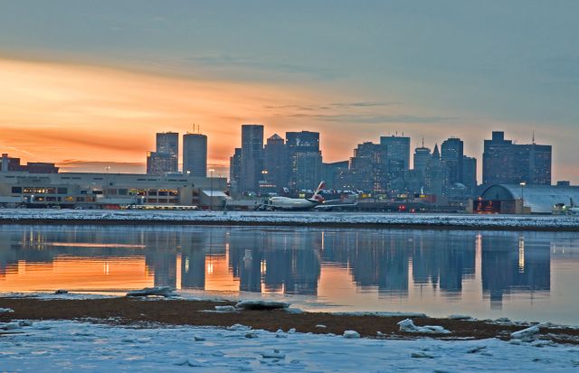 Boeing 747-400 — - Winter sunset skyline reflection.  AA hangar has now been demolished 