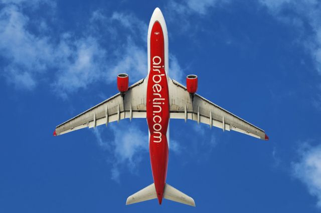 D-ALPE — - An Air Berlin operated Airbus A330-223 widebody jet seen from below moments after departure from the Los Angeles International Airport, LAX, Los Angeles, California