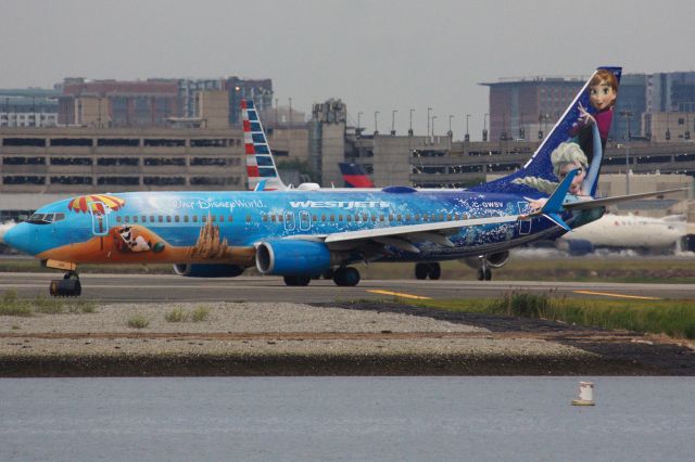 Boeing 737-800 (C-GWSV) - Westjet B738 in special 'Walt Disney World-Frozen' livery departing BOS for Calgary on 7/5/22.