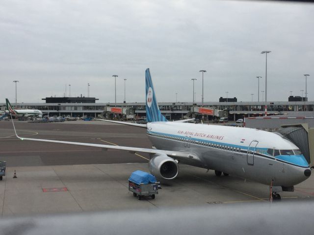 Boeing 737-700 (PH-BXA) - Commemorating 95 years KLM: Boeing 737 PH-BXA "Swan" in nostalgic company color house style design, standing at pier D at Schiphol Airport, Amsterdam.