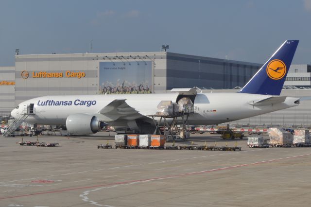 Boeing 777-200 (D-ALFD) - Lufthansa Cargo 777F parked at FRA. Taken from a Thai A380.