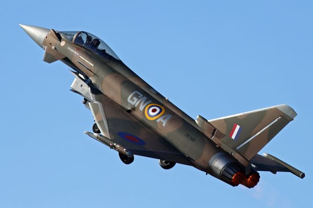 — — - RAF Typhoon painted in WW2 markings at the start of its display at RIAT  2015, Fairford, UK.