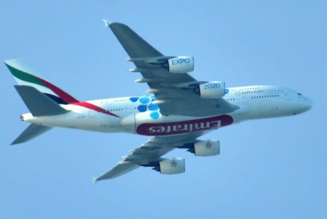 Airbus A380-800 (A6-EOD) - EK226 flies high above the San Francisco Bay during its flight from San Francisco (KSFO) to Dubai (OMDB) on Wednesday, 19 February, 2020