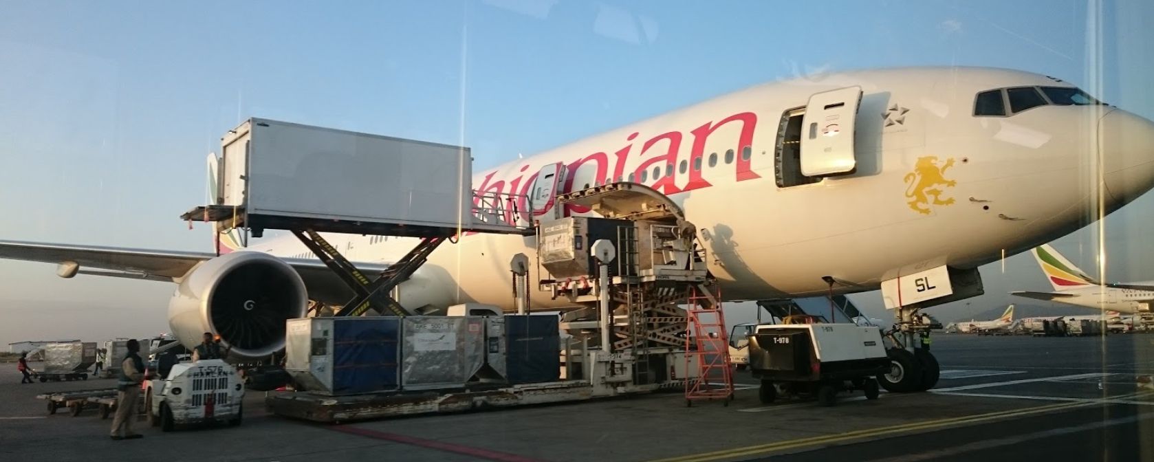 BOEING 777-300ER (ET-ASL) - On the bus ride to the terminal, the bus stopped for a brief minute. Managed to catch a glimpse of ETs biggest bird in this short panoramic shot. This Boeing 777-300ER is getting prepared for its next journey.