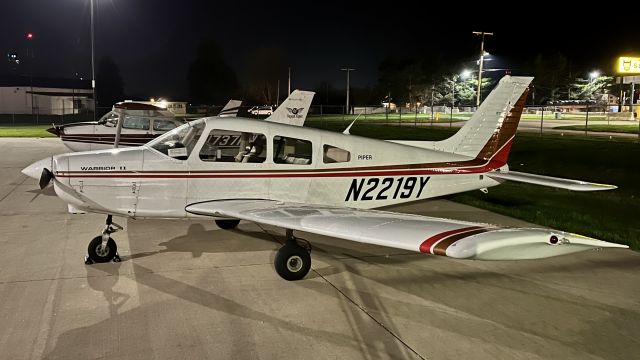 Piper Cherokee (N2219Y) - N2219Y, a Warrior II, resting on the ramp overnight @ KVPZ. 5/2/22. 