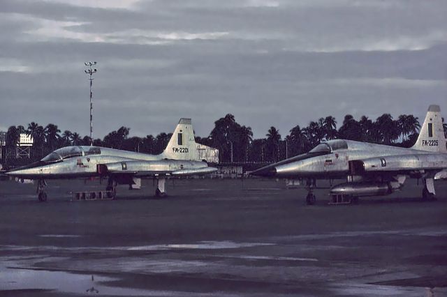 Northrop RF-5 Tigereye (N2201) - Northrop F-5B Royal Malaysian Air Force FM-2201 and F-5E FM2206 photographed at twilight. Likely 1976. Butterworth (WMKB) 