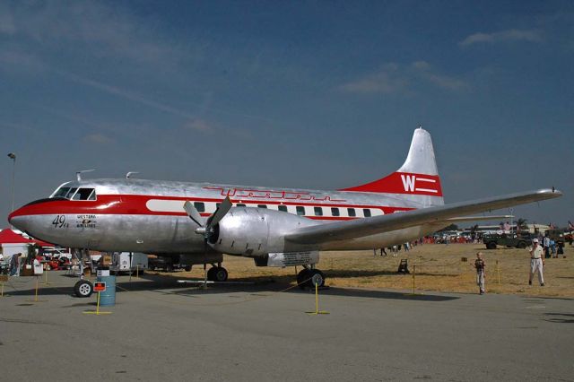 CONVAIR CV-340 Convairliner (N240HH) - Western Convair 240 N240HH The 49er at Chino on May 16, 2004. It was delivered to Western Air Lines on October 5, 1948. Air Carrier Service Corportation bought it in 1961 and sold it to Air Korea on February 6, 1961. Japan Domestic Airlines bought it in 1963, leasing it to Southwest Airlines in July 1967 and retiring it in 1968. Air Service Incorporated regiastered it as N8408H on January 23, 1969. Texas Instruments Incorporated acquired it in August 1971 and re-registered it as N240HH in January 1982. It was stored at Chino for many years. It is powered by a pair of Pratt & Whitney R-2800 eighteen-cylinder Double Wasp radial engines.