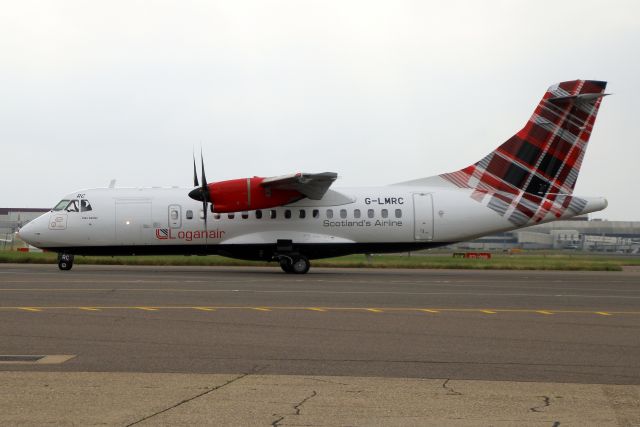 Aerospatiale ATR-42-300 (G-LMRC) - Taxiing to Terminal 2 on 13-Jul-21 operating flight LOG677 from EGNS.