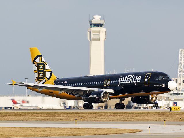 Airbus A320 (N632JB) - JBU1942 in the Boston Bruins livery arriving in CLE from KLGA this afternoon, 1 Mar 2023. 