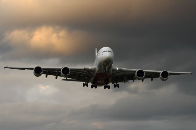 Airbus A380-800 — - Approaching runway 027L at LHR.