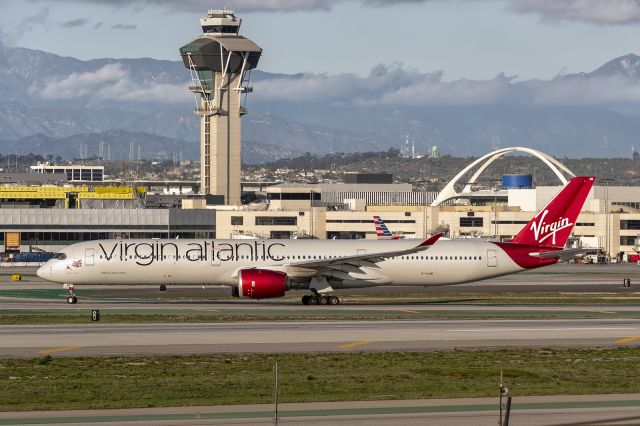 Airbus A350-1000 (G-VJAM) - 25th of January, 2024: "Queen of Hearts" taxiing past the iconic tower and space dome at LAX to the gate after arriving from London Heathrow as flight VS 007