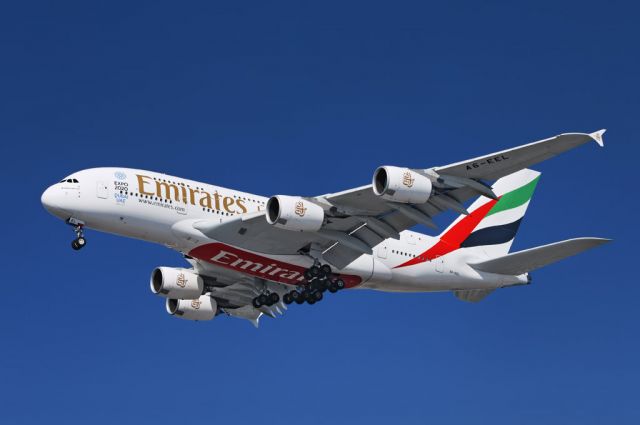 A6-EEL — - An Emirates operated Airbus A380-861 suberjumbo jet with special "Expo 2020" emblem added to the livery, on final approach to the Los Angeles International Airport, LAX, in Westchester, Los Angeles, California