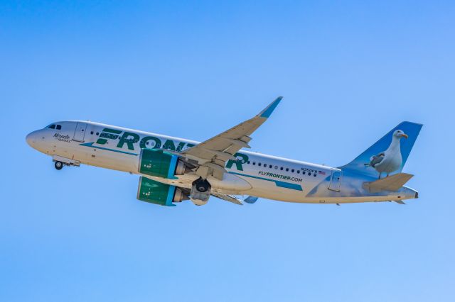 Airbus A320neo (N350FR) - A Frontier Airlines A320 neo "Miracle the Seagull" taking off from PHX on 2/16/23. Taken with a Canon R7 and Tamron 70-200 G2 lens.