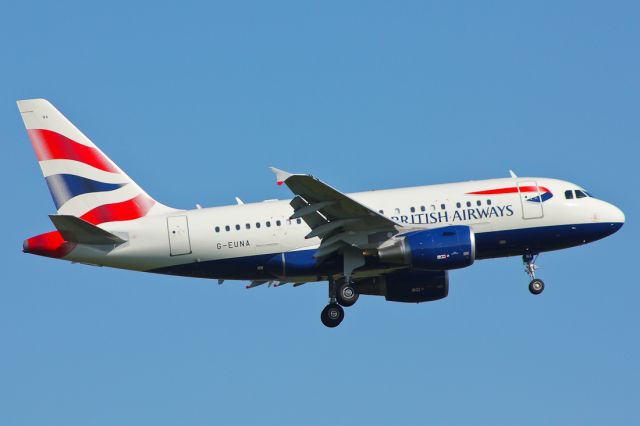 Airbus A318 (G-EUNA) - Probably my favorite spotting at JFK, the little bird that flies with the heavies; about to complete the 7 hour and about 3,110 mile flight from Shannon (EINN) as BAW1