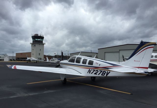 Beechcraft Bonanza (36) (N727BV) - On the ramp at HKS Jackson MS on an overcast day.