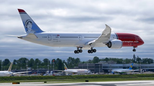 Boeing 787-9 Dreamliner (G-CKWE) - BOE258 on short final to Rwy 16R to complete a C1 flight on 5.16.18. (ln 698 / cn 38790). The tail art features English author Jane Austen.